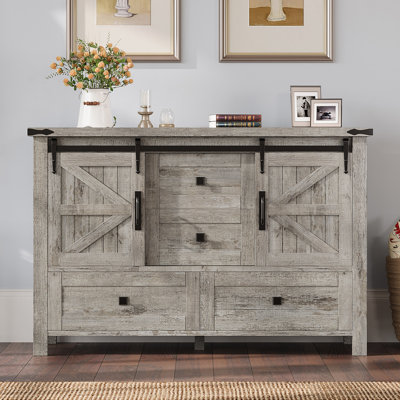 Commode de style campagne 47 po avec 2 portes de grange coulissantes et 4 tiroirs Dreavyn, gris