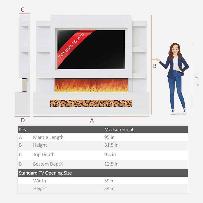  Pre-Built Media Wall Package 15 | Includes 60 Inch Spectrum 3-Sided Electric Fireplace | TV Feature Wall with LED Flame Effect |