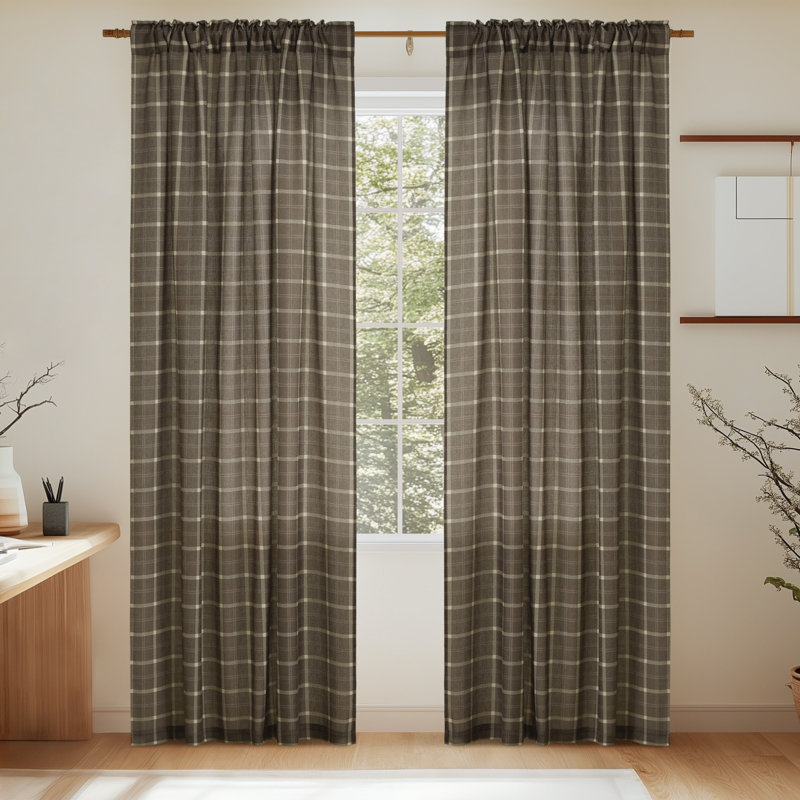 Rustic Grid Pattern Linen Light Filtering Plaid Curtains for Living Room Dining Room, Farmhouse Rod Pocket Back Tab Semi Sheer Window Curtains, 1 Pair