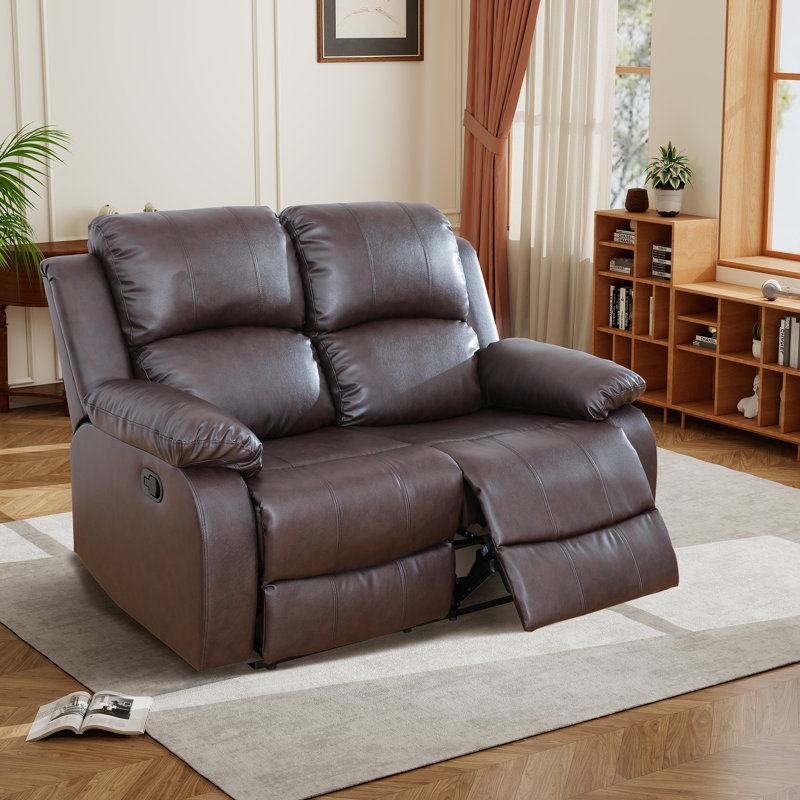 Double fauteuil inclinable manuel, causeuse rembourrée avec porte-gobelets, cuir, brun, Brun