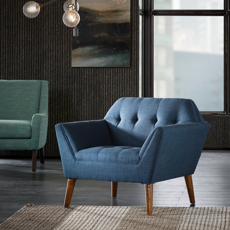 Merrylite 37" Wide Upholstered Armchair with Tufted Backrest, Blue, Blue Polyester