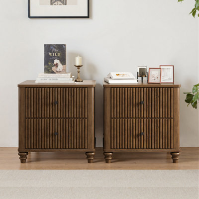 Table de chevet cannelée Mid-Century avec 2 tiroirs et poignée en métal