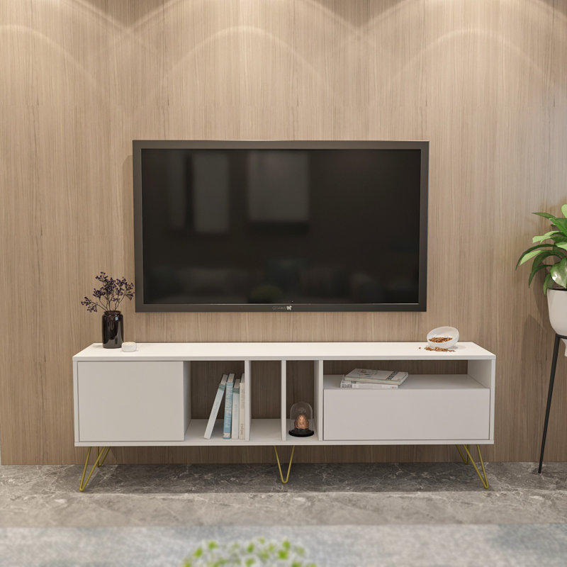 Modern White TV Stand with Gold Accents, 70.9 x 23.1 x 14 inches | 100% Melamine Coated Particle Board, Metal Legs, Multiple Shelves | Wall-Mountable, Additional Storage, Elegant Design for Living Room & Entertainment Spaces