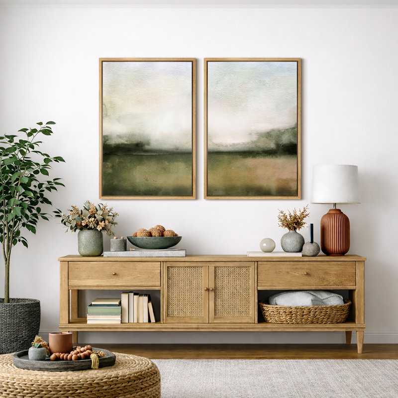 Minimal Landscape "Muted Green Watercolor Artwork, Classic Simple Minimalist Wall Pictures, Framed Canvas Giclee Print 2 Pieces Wall Art Set" 16x24x2 pcs, 24x36x2 pcs