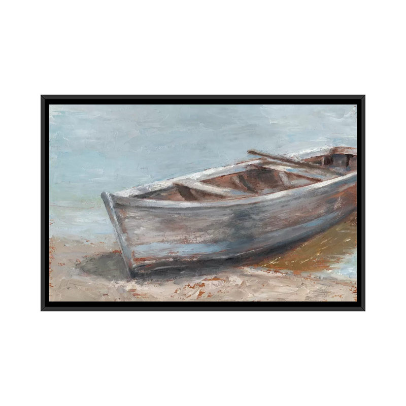 «Whitewashed Boat II» par Ethan Harper - reproduction d'art encadrée, H 18 po x l 26 po x P 1,5 po, Toile avec cadre noir