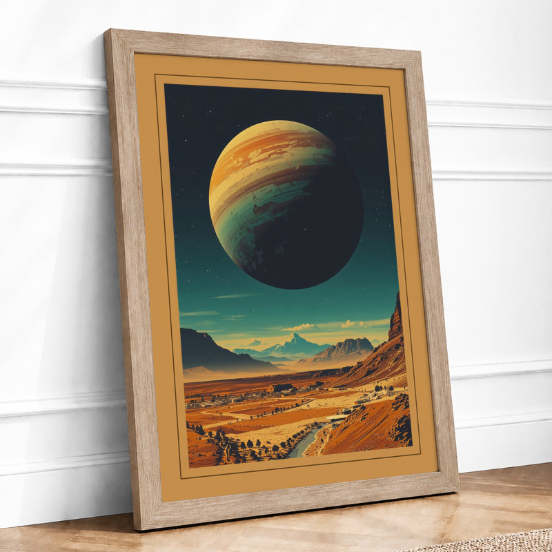 Alien Planet Rise Retro - Framed Print, A3 - 42.0 x 29.7 cm, Oak