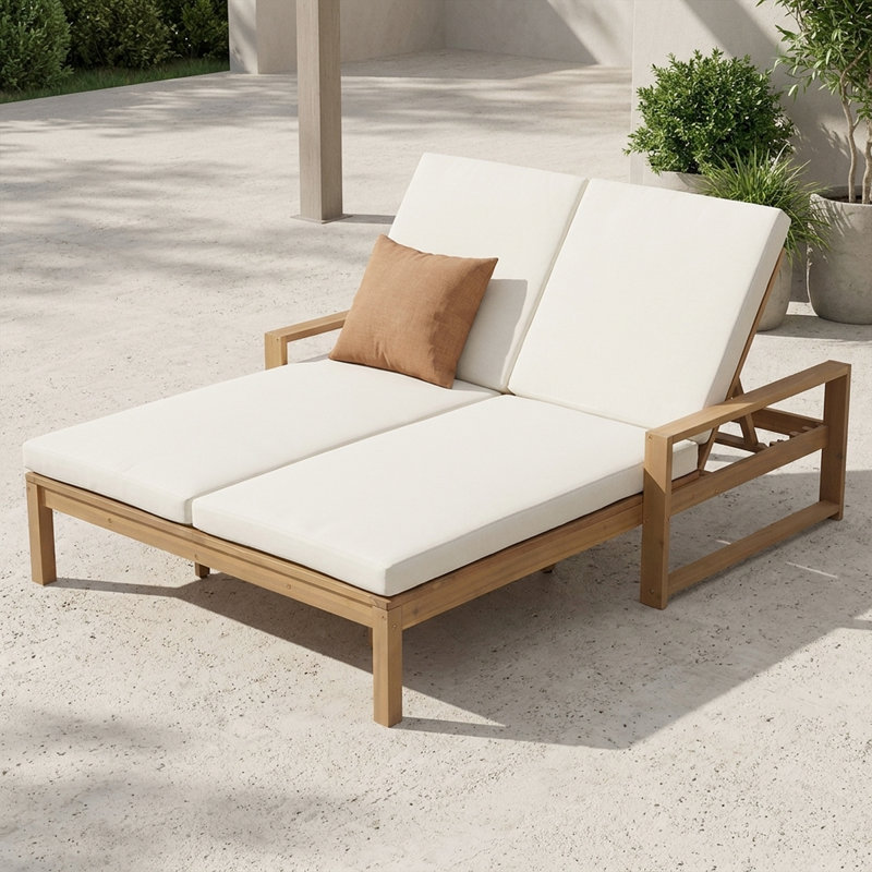 Méridienne double réglable pour l'extérieur avec coussins - Méridienne de patio en bois massif pour la piscine, le jardin ou le balcon