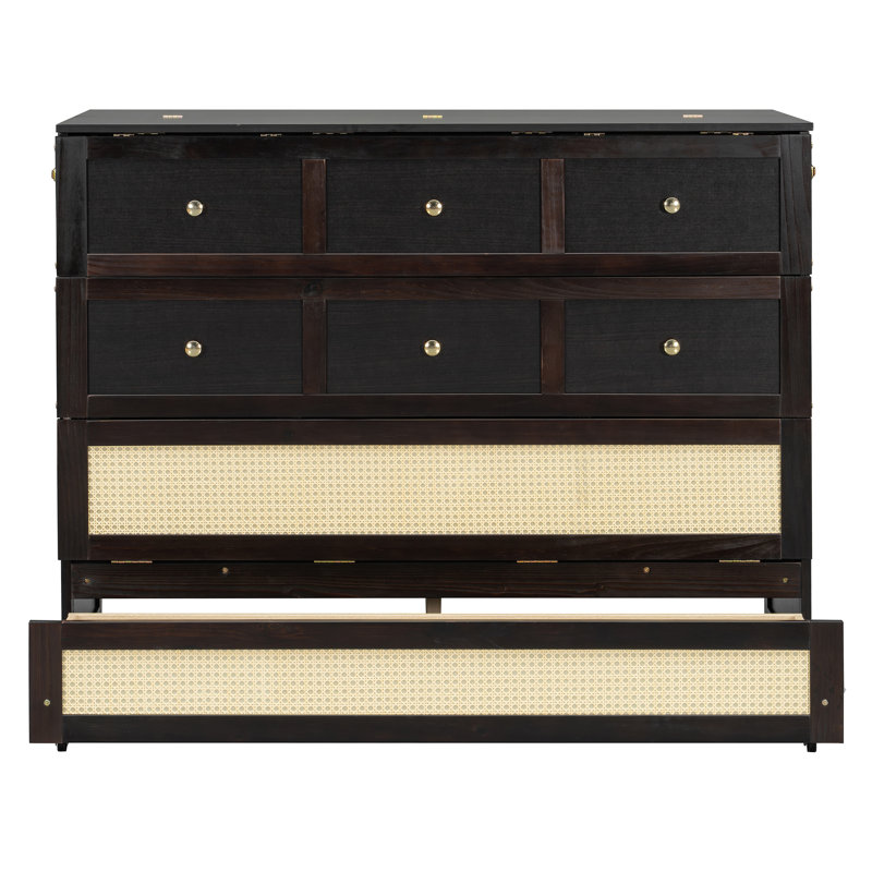 Murphy Bed With Large Drawers, Classic Style, Rattan And Storage., Espresso