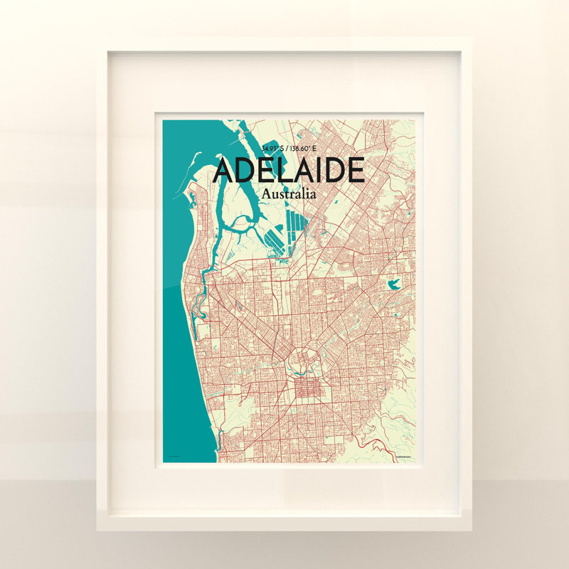 Adelaide City Map, impression, H 20 po x l 16 po, Vert / beige