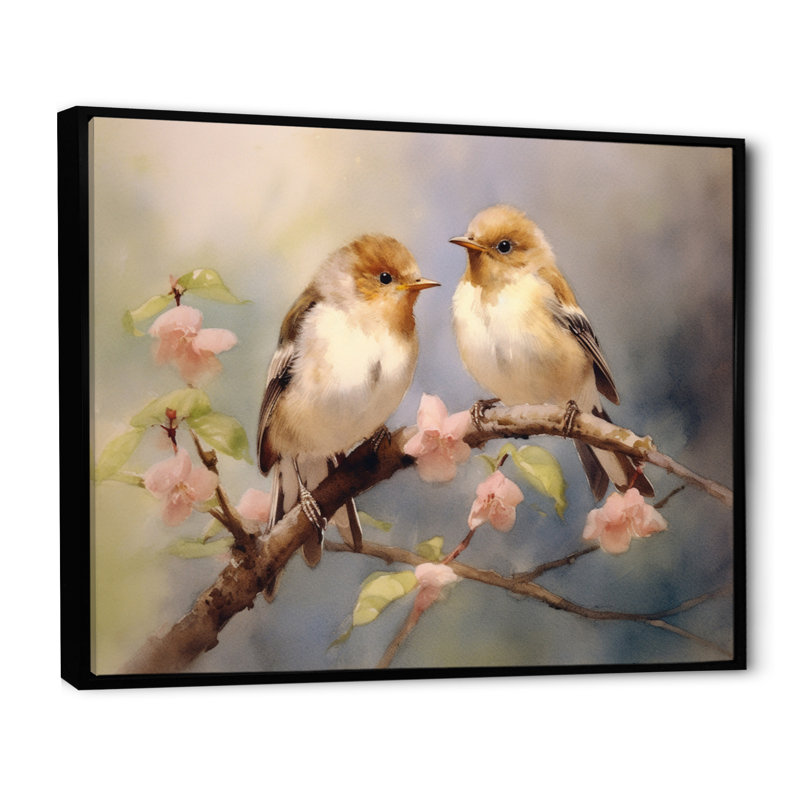 Oiseau moineau beige et brun III - Reproduction d'art sur toile encadrée, H 16 po x l 32 po x P 1 po, Cadre flottant noir