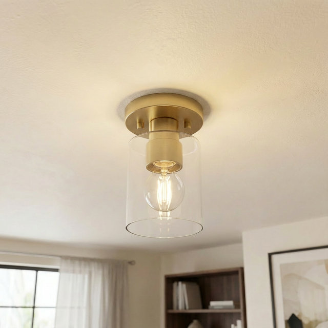 1-Light Semi-Flush Mount Cylinder Glass Shade Light(Gold), Gold