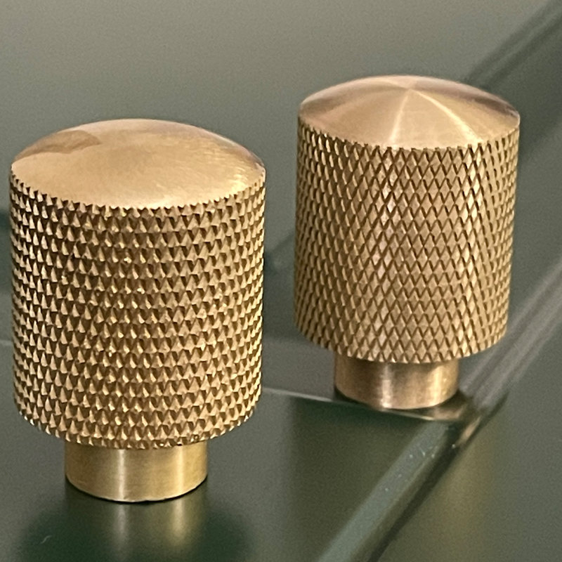 Modern Knurled Chrome Cylinder Knob, Brushed Brass