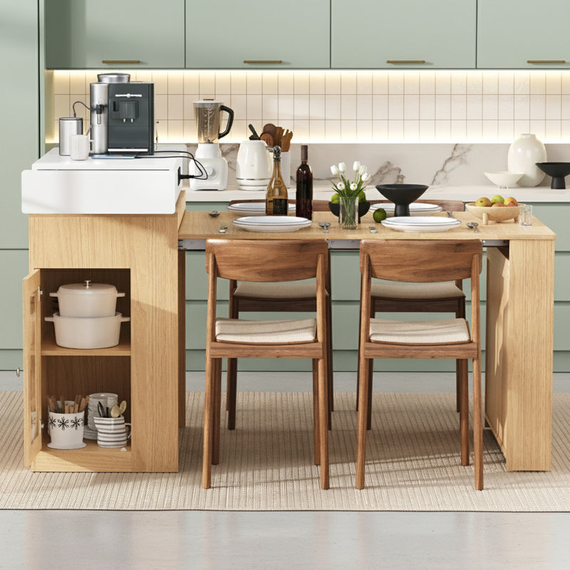 Extendable Kitchen Island With Folding Tabletop And Power Outlet And Hooks, Natural
