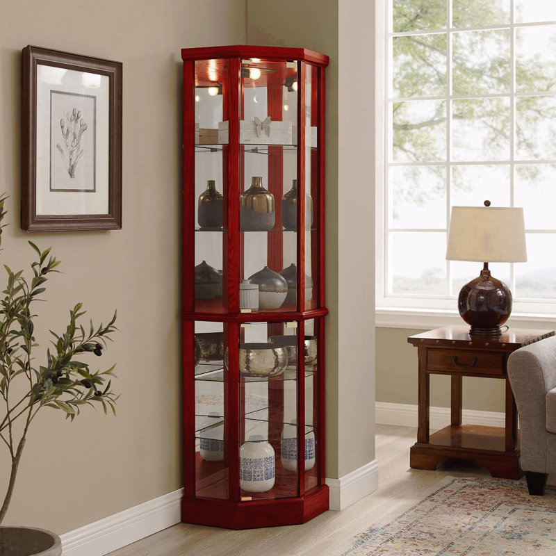 Armoire de coin éclairée en verre à 6 tablettes avec tablettes réglables et dos en miroir, Brun