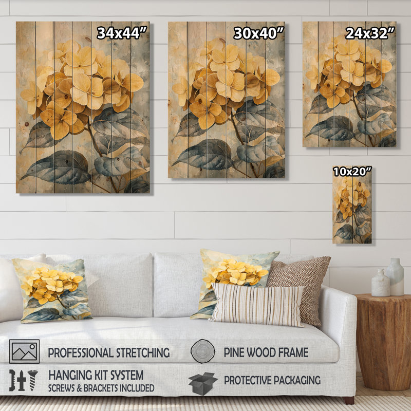 Fleurs d'hortensia jaune doux I - décoration murale en bois d'hortensia - sur bois de pin naturel