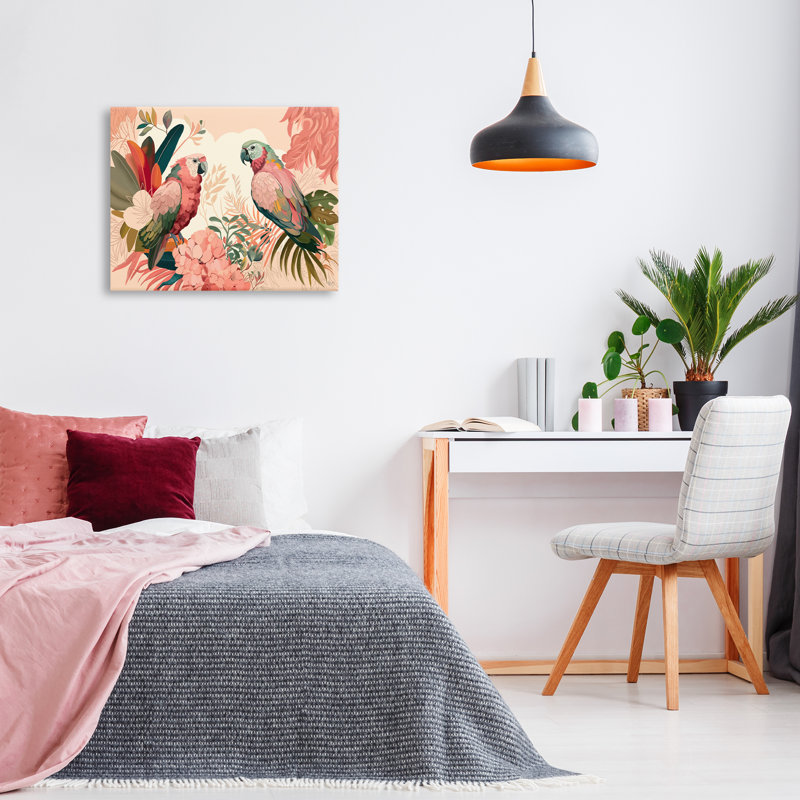 «Pink Parrots & Leaves», art mural sur toile par Fab Funky, H 30 po x l 40 po