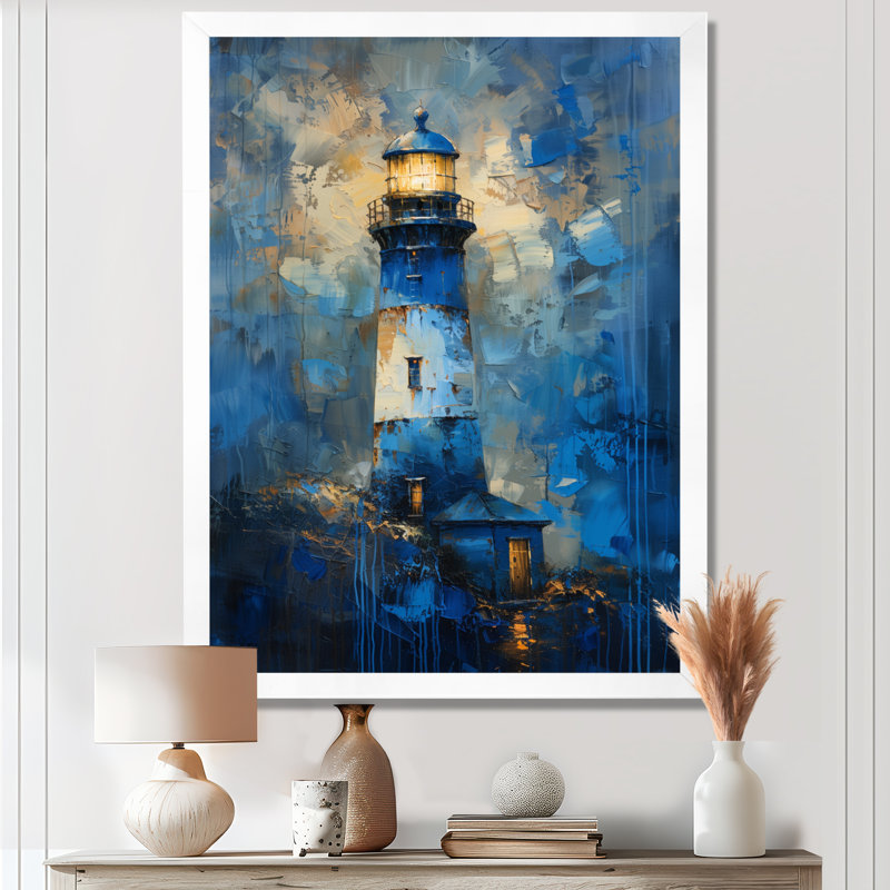 Tempête bleue tour de phare I - impression d'art mural phares, H 24 po x l 32 po, Cadre simple blanc