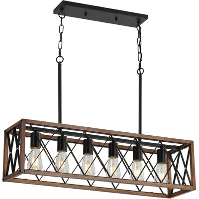 Farmhouse Kitchen Island Lighting, Rustic Chandelier With Wood Grain Finish, Adjustable 6-Light Fixture For Dining Room, Kitchen, And Bar