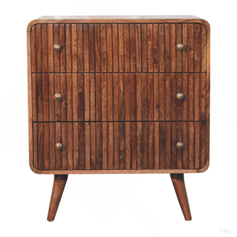 Commode striée à 3 tiroirs en bois massif miel et caramel