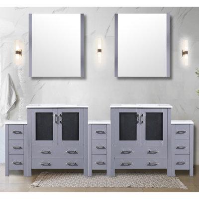 96 In. Wide Dark Grey Double Bath Vanity With Side Cabinets, Ceramic Top, Mirrors, And Spacious Storage In Grey, Width, 18.25 Depth, White Smooth - Moving Soft Close