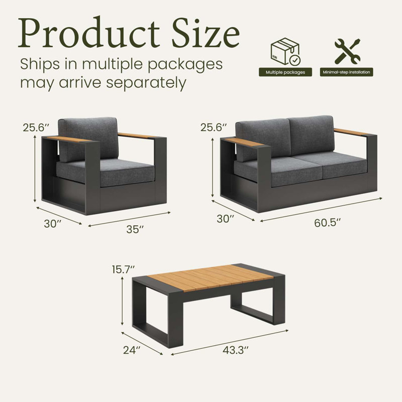  Ensemble de conversation d'extérieur surdimensionné en aluminium 4 pièces avec table basse et coussin de 6 pouces