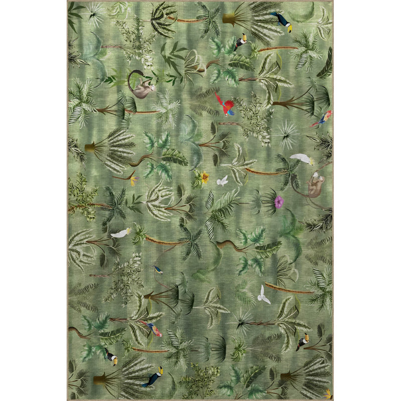 Tapis décoratif moderne vert à motif d'oiseaux et d'arbres, Rectangle 4 pi 11 po x 9 pi 10 po