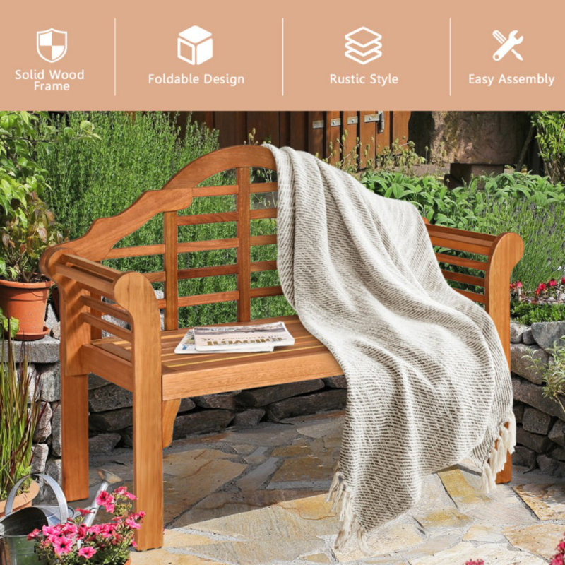 49" Eucalyptus Wood Outdoor Folding Bench with Backrest and Armrest