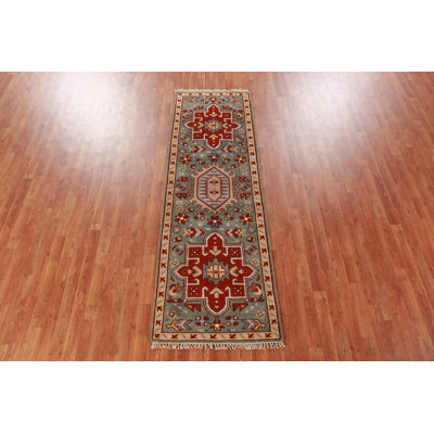 Green Geometric Traditional Indian Runner Rug 3x8