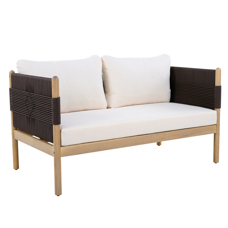 Causeuse d'extérieur en bois d'acacia avec tissage de corde de diamant et coussins