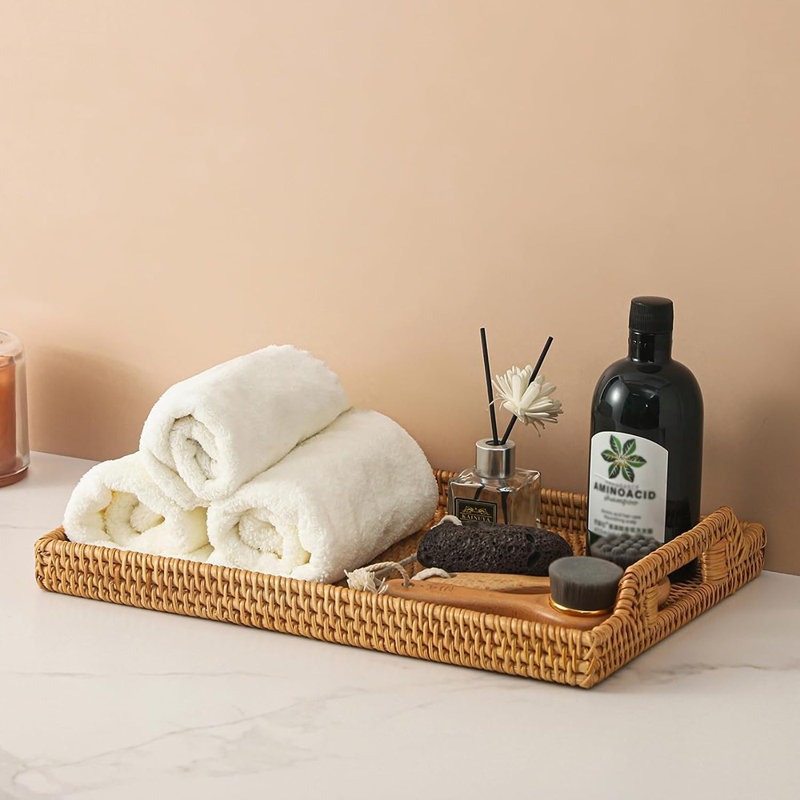 Rattan Serving Tray Rectangle With Handles, Vintage Wicker For Decor, Boho Seagrass Coffee Table Basket, Hand Woven Decorative For Kitchen, Breakfast, Bathroom, Outdoor