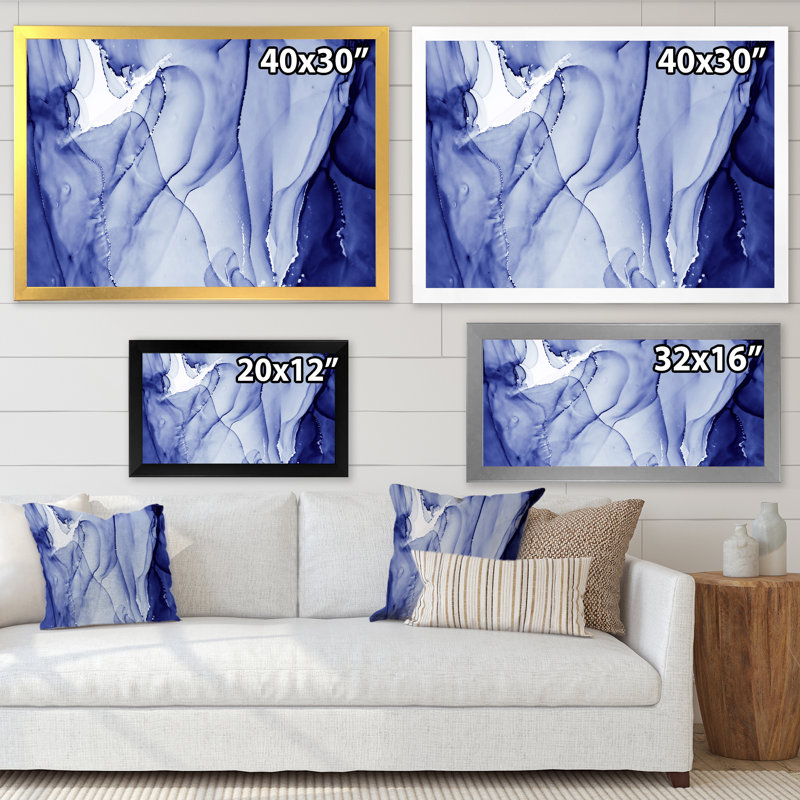 «Dark Blue Liquide Art Waves», peinture sur toile, H 16 po x l 32 po, Toile blanche avec cadre d'angle fermé