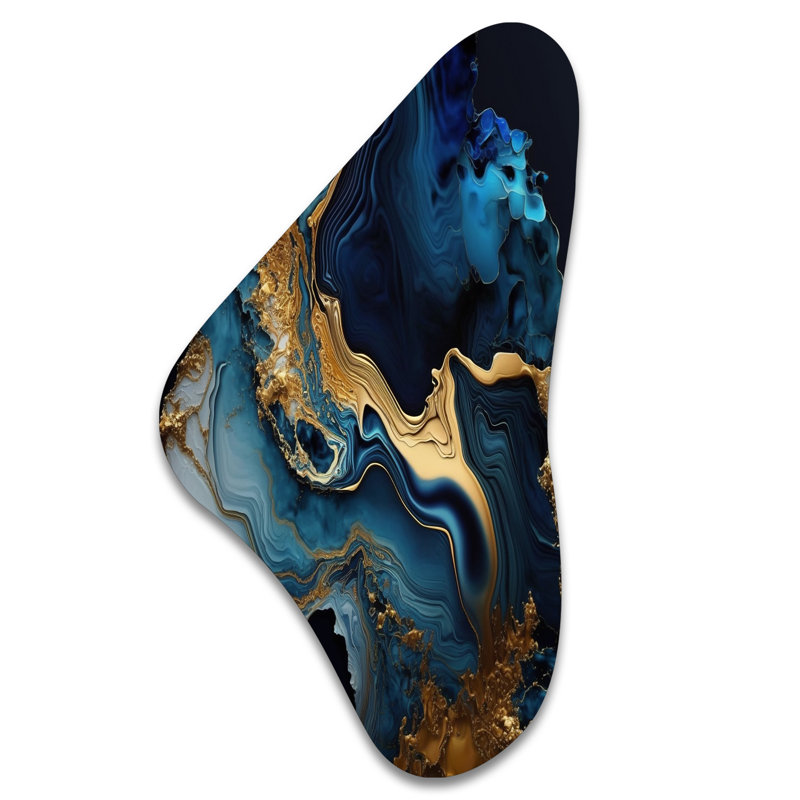 Géode abstraite marbre bleu III - Marbre, impressions asymétriques sur métal, H 39 po x l 21 po x P 1 po