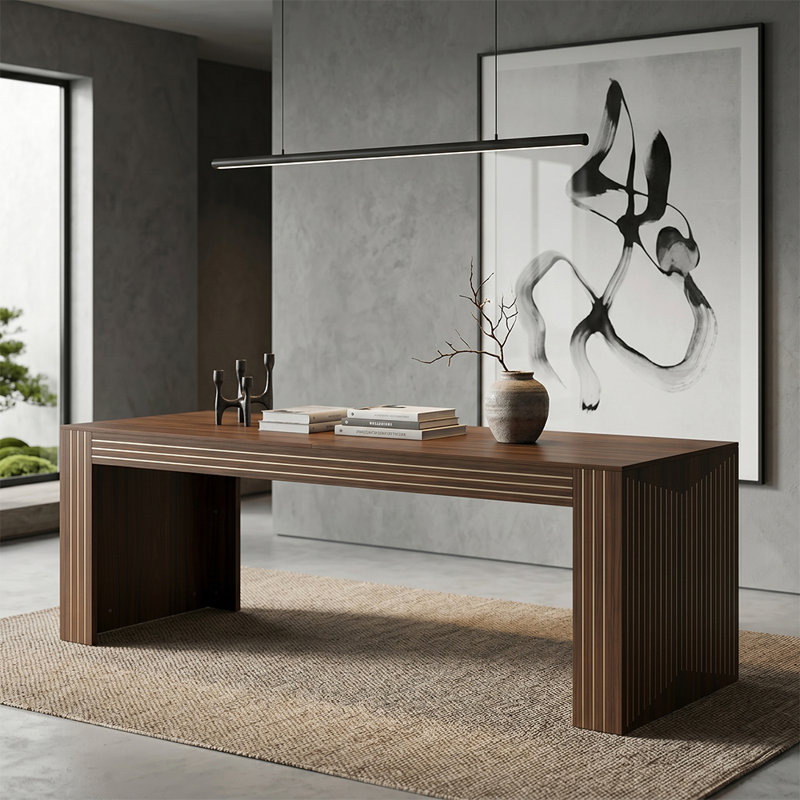 Table à manger cannelée moderne, table rectangulaire en bois massif pour la maison