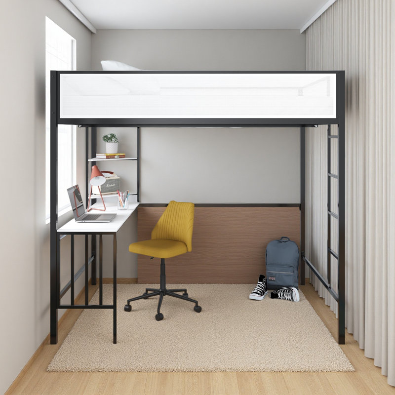 Lit mezzanine avec bureau et tablettes, Lit double