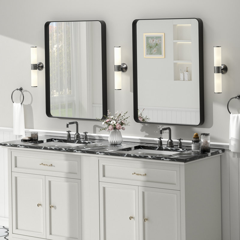 Molly Tempered Glass and Metal Framed French Cleat Mounted Wall Bathroom / Vanity Mirror, 32" x 24", Black, Arch