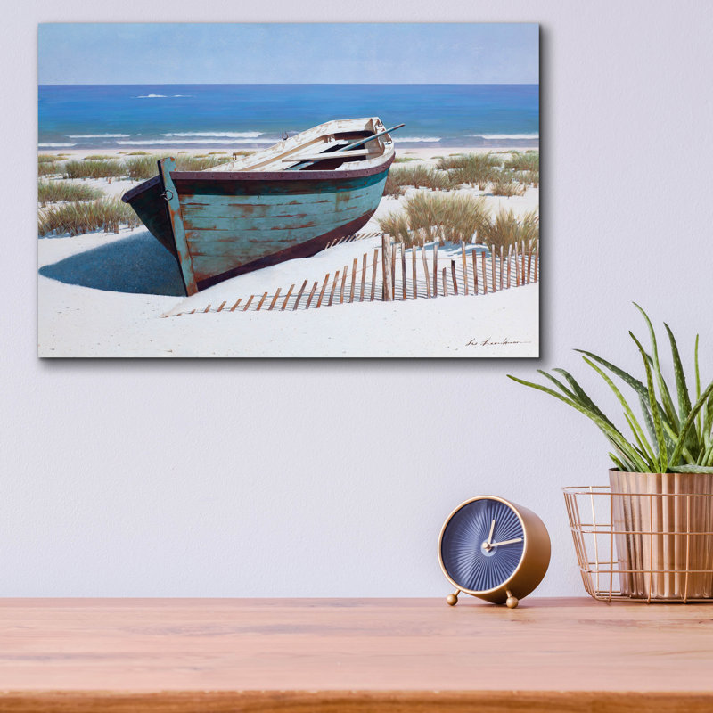 «Bateau bleu sur la plage» par Zhen-Huan Lu, H 12 po x l 16 po x P 0,13 po