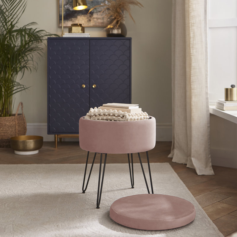 Tamicka 38cm Wide Velvet Round No Pattern Pouffe Ottoman with Storage, Blush Pink