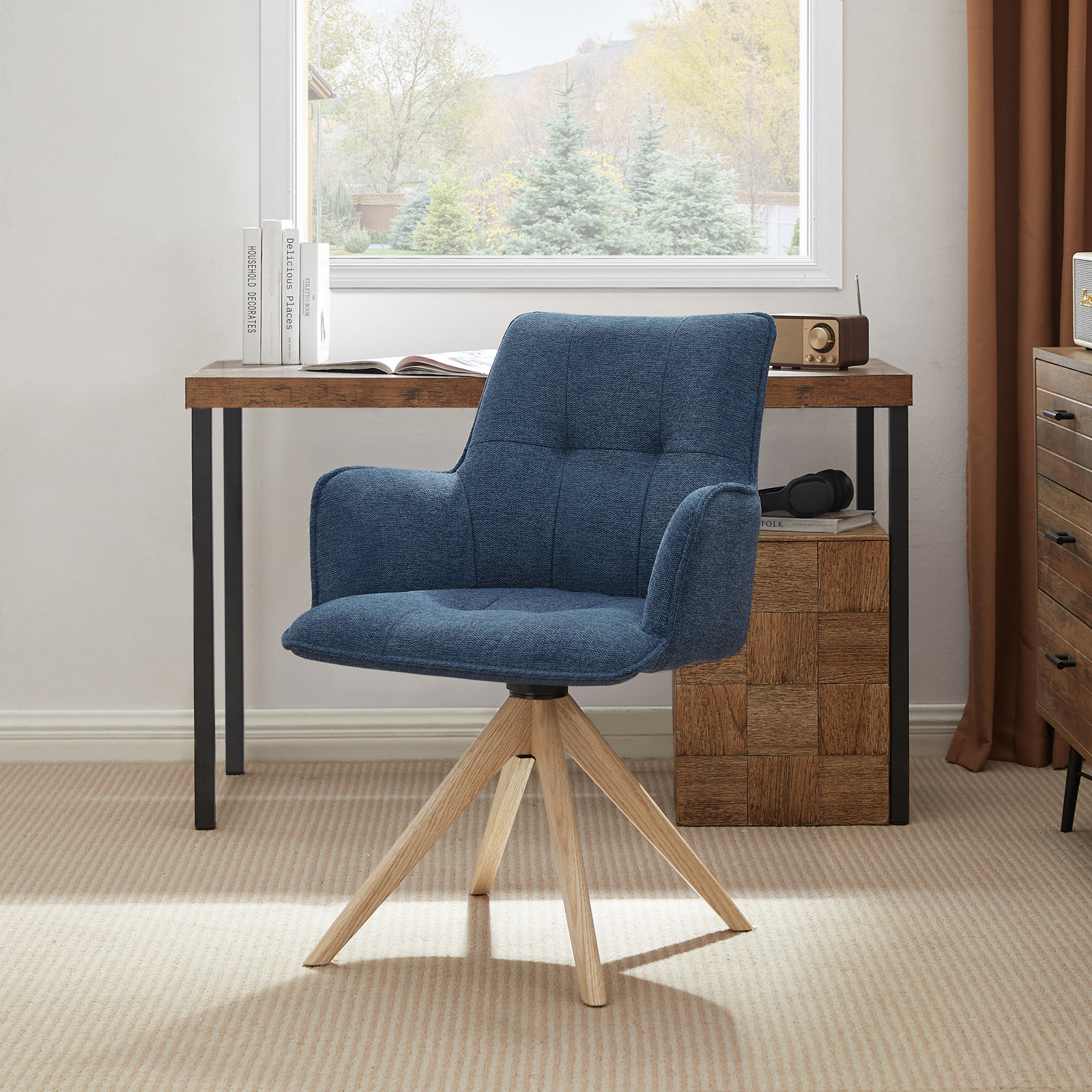 Jadel Fabric Upholstered Swivel Office Chair , Blue Basketweave