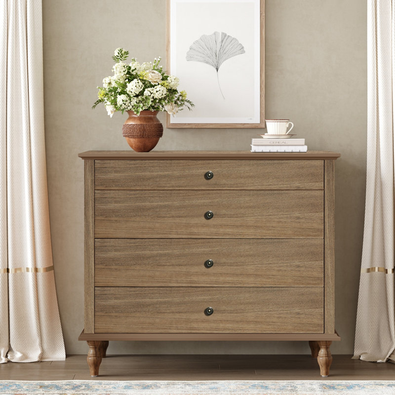 Large 4-Drawer Chest with Solid Wood Foot, Light Brown