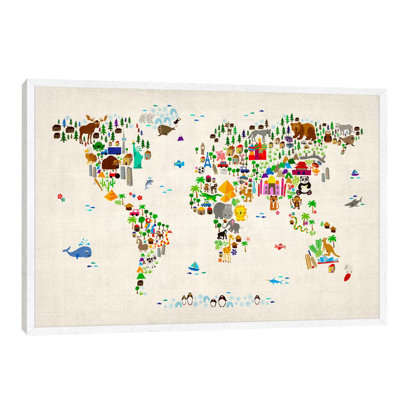 Animal Map Of The World II by Michael Tompsett - Floater Frame Print on Canvas