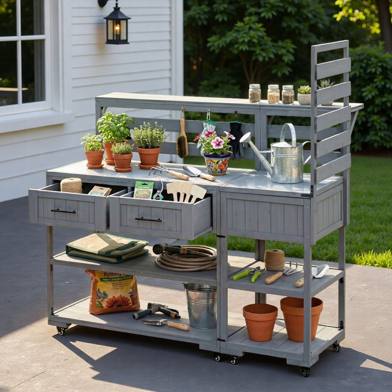 Îlot de cuisine pour patio avec plateau en acier inoxydable, tablette surélevée, tiroirs et tablettes ouvertes, Gris