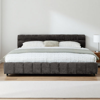 Très grand lit tapissier, cadre de lit rembourré confortable, tissu chenille, avec tête de lit et cadre de lit solide. Avec tiroir pour le rangement