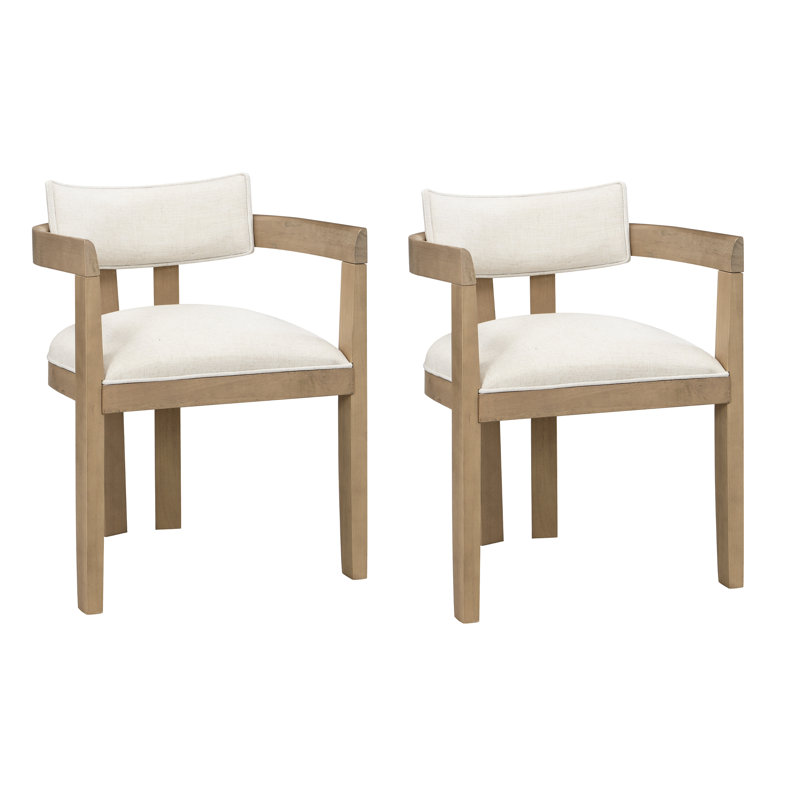 Linen Upholstered Armchair in Beige, 2, Natural Wood