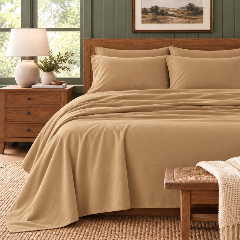 Ensemble de draps 100% flanelle de coton turc, Très grand lit, Chameau