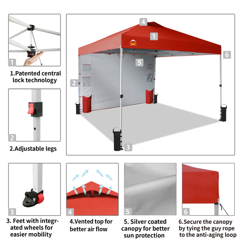 CROWN SHADES Canopy Tent 10x10 Pop Up Canopy Outdoor Shade with Pockets Sidewall, Easy Up Sun Shelter with One Person Set Up Centre Lock, Portable Instant Camping Beach Canopy Tents, Pink