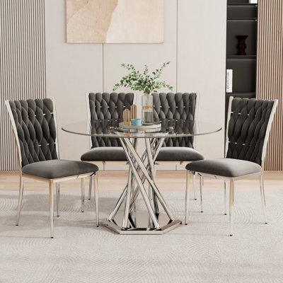47.2" Dining Table Set for 4, Modern Round Glass Dining Table Set With 4 Upholstered Chairs, for Dining, Kitchen