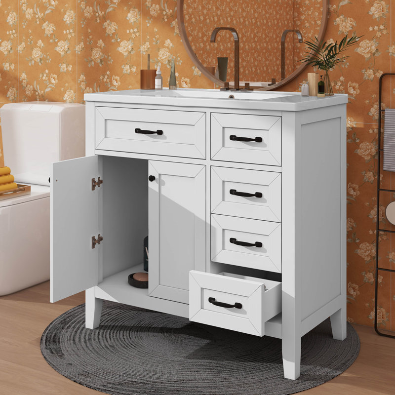 Meuble-lavabo simple 36 po avec tiroirs pratiques, Blanc, Noir