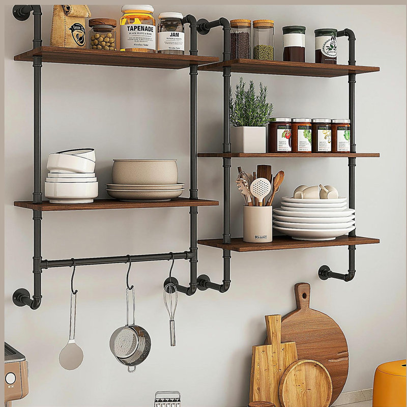Industrial Pipe Shelf 3 Tier and 2 Tier Wall Mounted Shelves  36in Wood Display Shelves, and 3 additional hooks,Farmhouse Kitchen Bar Shelf, DIY Bookshelf Unit Hanging Wall Shelves for Bedroom...