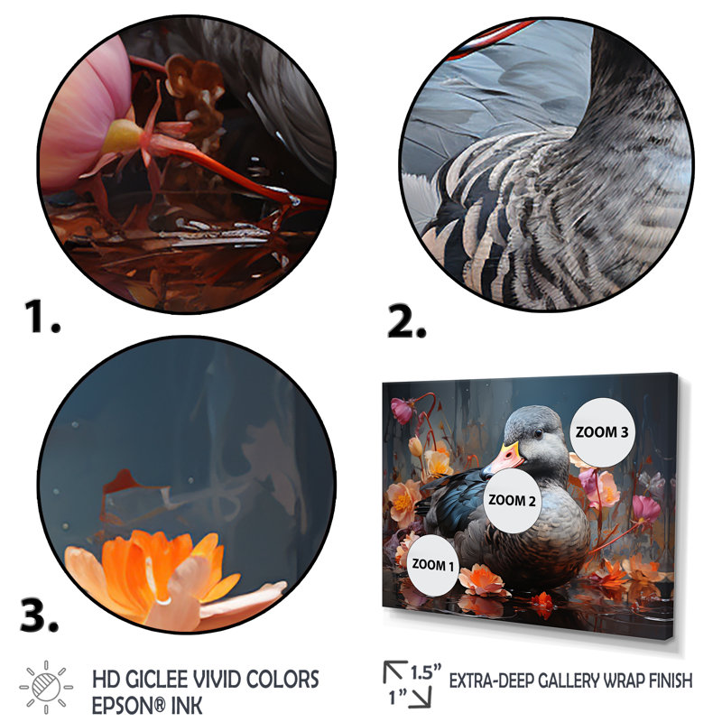 «Grey Duck», art mural canard gris, Cadre d'angle fermé noir, H 34 po x l 44 po x P 1,5 po