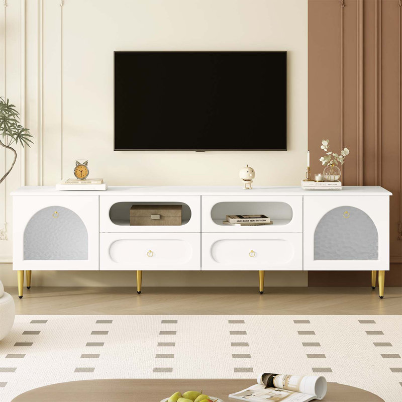 Console avec six pieds en métal, 2 armoires, 4 tiroirs pour le salon, Blanc